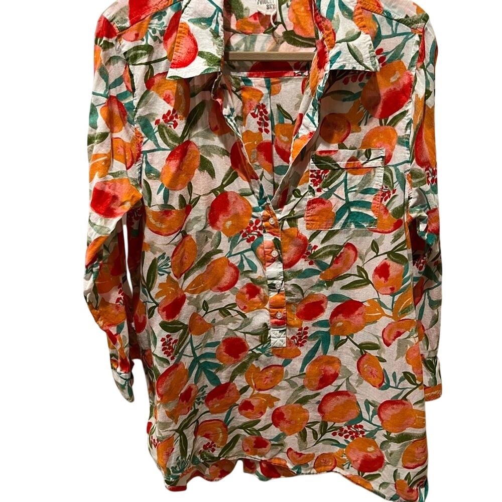 Violet Kay Fruit Print Cotton Tunic Top Oversized L Orange Green Boho